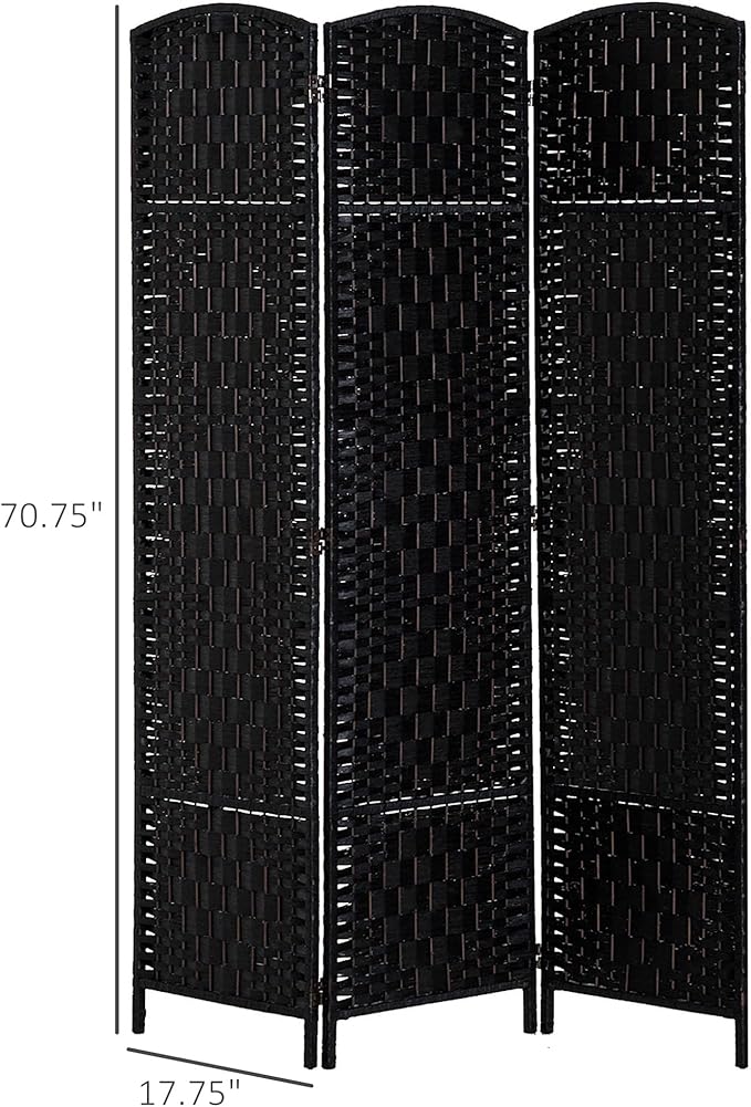 HOMCOM Room Divider 3 Panel, 6FT Tall Folding Privacy Screen, Freestanding Hand-Woven Partition for Room Separation with 360° Hinges, Paper Rope Diamond Weave, Black
