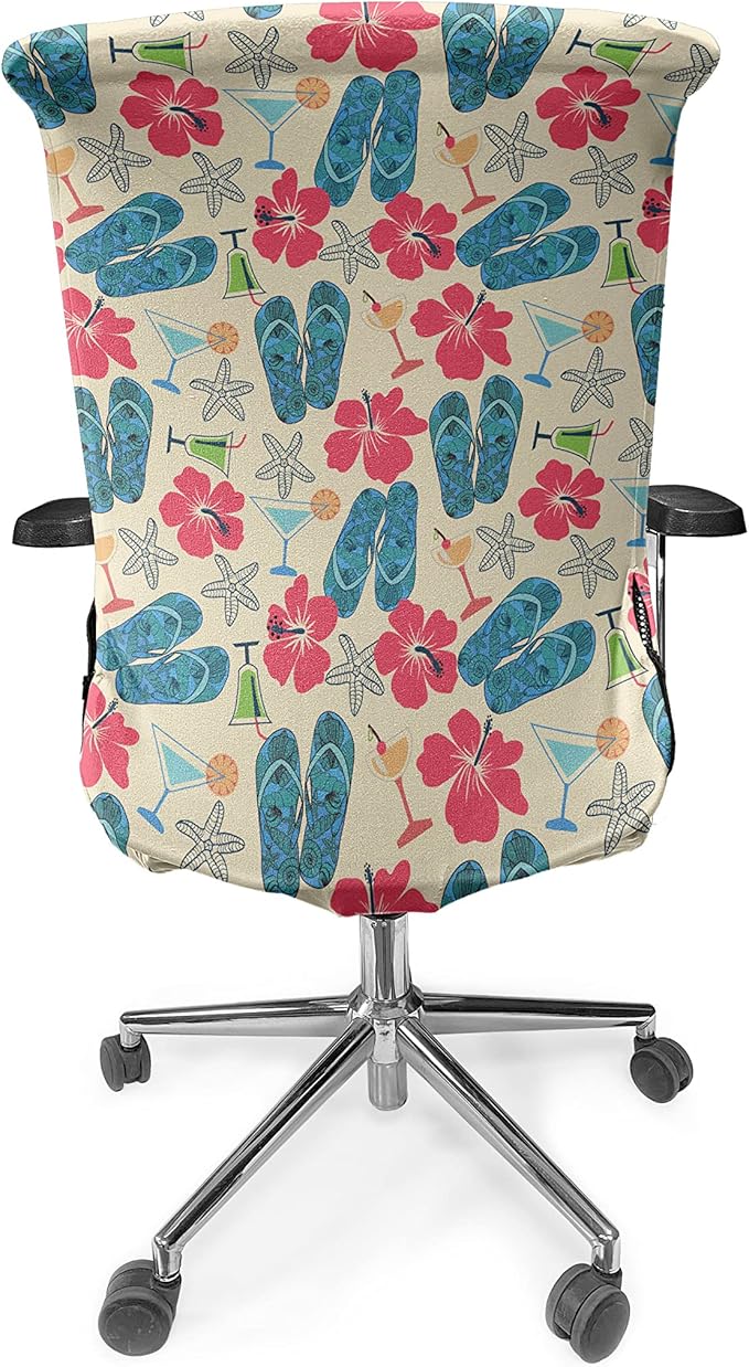 Ambesonne Flip Flop Office Chair Cover, Exotic Summers Hibiscus Flower Starfishes Martini Cocktail and Beach Sandals, Stretchable Decorative Universal Size High Back Printed Slipcover, Blue Red