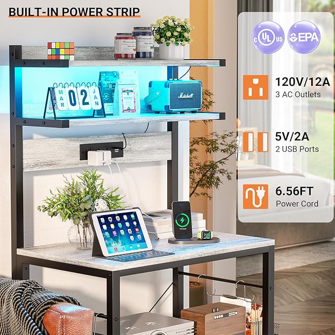 Aheaplus Bakers Rack with Power Outlet, Microwave Stand, 5 Tiers Coffee Bar Station with Led Lights, Kitchen Storage Shelf with 6 S-shaped Hooks, Kitchen Rack for Spices, Pots and Pans, White Oak