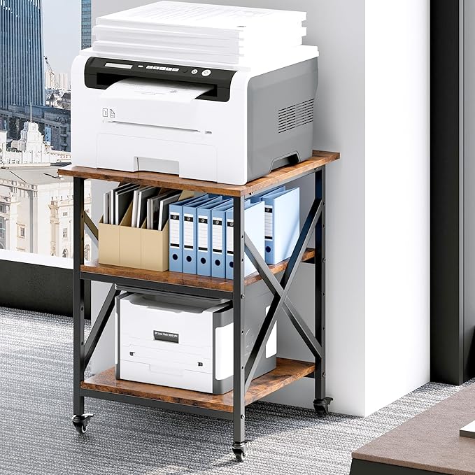 3 Tier Printer Stand, Large Table with Wheels, Rolling Cart with Height Adjustable Middle Storage Shelf, 23.6 x 23.6 x 30.3 Inches Shelf for Home Office, Vintage Brown