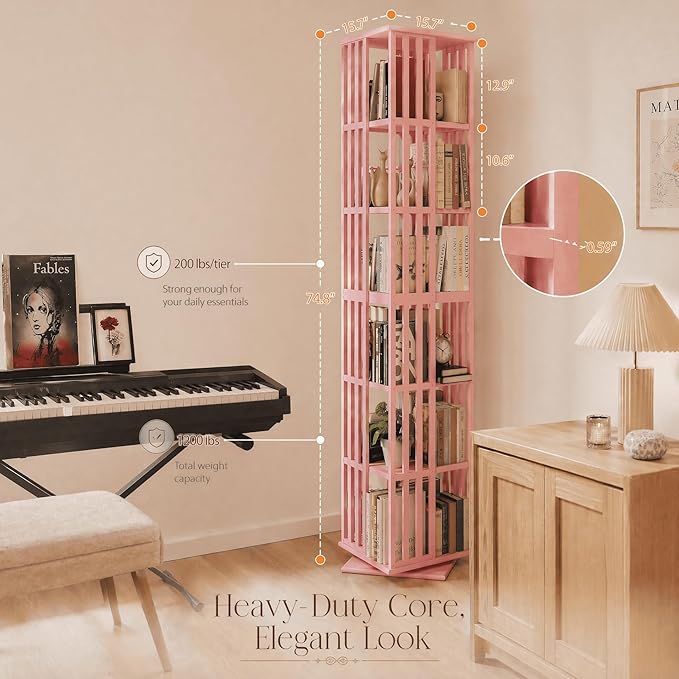Lauxery Rotating Bookshelf Tower– 6 Tier 360° Spinning Bookshelf | Space-Saving Floor Standing Bamboo Revolving Bookcase for Small Space, Home Offices & Reading Corners |Pink