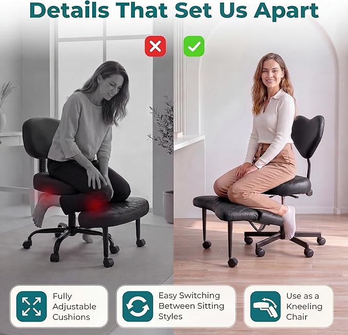 Ergonomic Cross Legged Office Chair with Foot Rest for Kneeling Seating - Crisscross Desk Chair with Wheels for ADHD to Sit Cross Legged - Multi-Position Adjustable Seat with Back Support for Women
