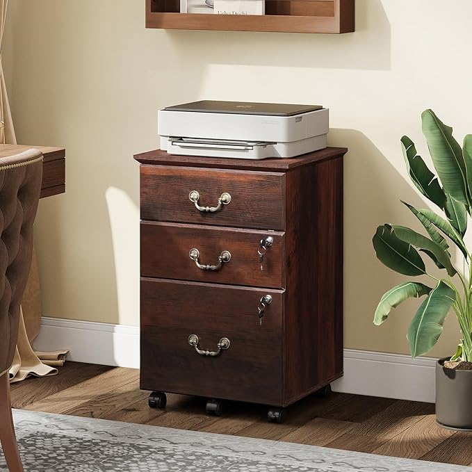 DEVAISE 3 Drawer File Cabinet with Lock, Mobile Wood Filing Cabinet for Under Desk Storage, Rolling Printer Stand for Office Storage, Brown Oak
