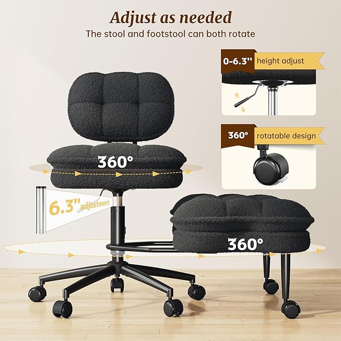 DurayLoly Criss Cross Chair, Ergonomic Office Chair with Wheels & Backrest, Cross Legged Office Chair with Foot Rest for ADHD, Height Adjustable, Thicken Cushion, Teddy Fabric, Black