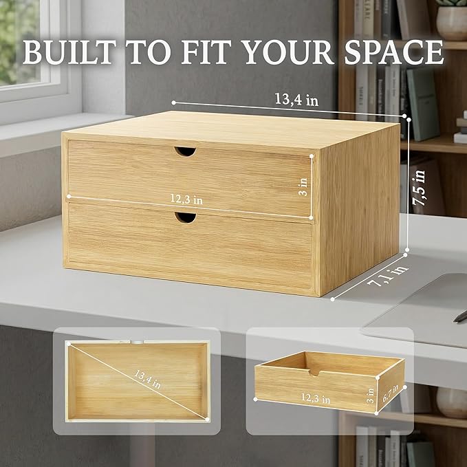 Bamboo Desk Organizer with 2 Drawers, Desktop Drawers 13.4 x 7.1 x 7.5 Inches Countertop Storage Box for Office Supplies Makeup Vanity Kitchen, Wooden Tabletop Drawer No Assembly Required (2 Drawers)