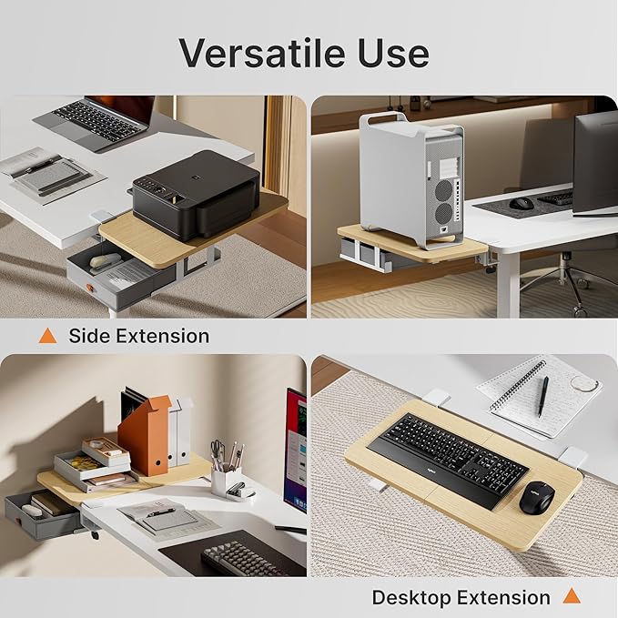 PEGZONE Desk Extender Tray, 24" x 12" Clamp On Desk Shelf, Desk Extension with Storage Drawer, Table Desk Arm Rest, Clamp On Keyboard Tray for Office and Home, Workstation Organizer, Medium, Wood