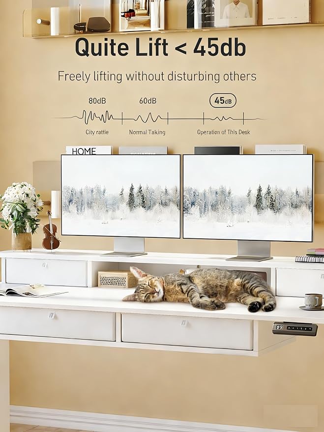CubiCubi 55" x 30" Standing Desk with Drawers, Height Adjustable Electric Workstation, Computer Sit Stand Up Table with Large Storage Shelf 4 Drawers and 2 Hooks, White