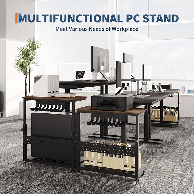 Computer Tower Stand, 11 Level Height Adjustable PC Stand with Line Storage Rack, Mobile Rolling CPU Holder Cart for Gaming Office Home (Rustic Brown)