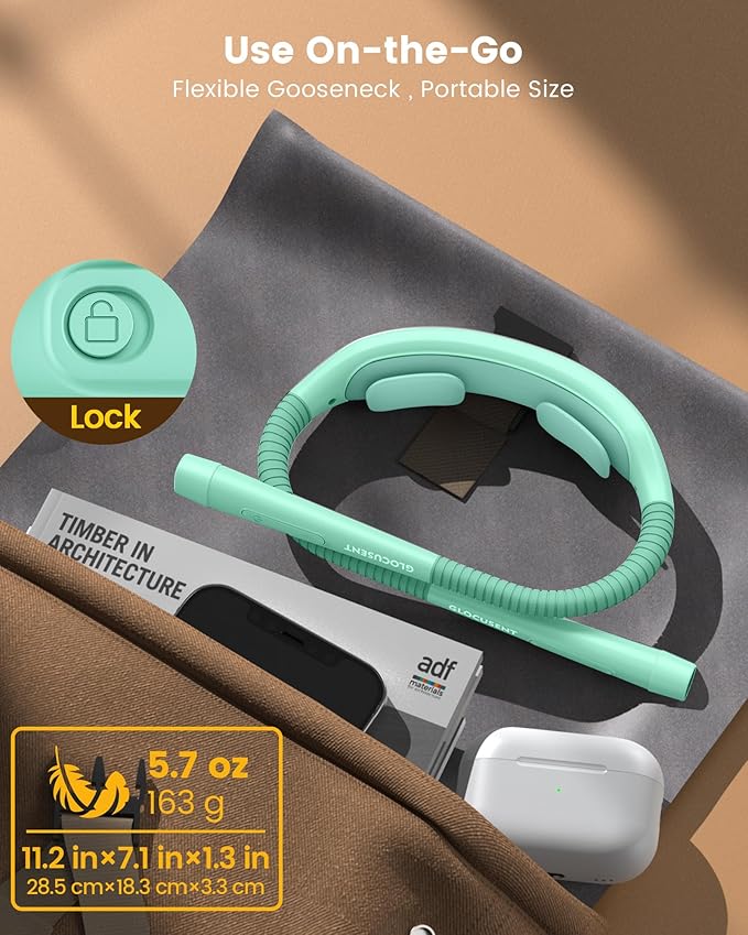 Glocusent Ergonomic Reading Lights for Books in Bed, 1600mAh Rechargeable Book Light for 100 Hrs - 3 Colors & 5 Brightness, Neck Light with Timers, Sleep Aid & Travel Lock