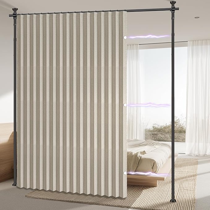 AJAZZ Room Divider Curtain (Cream White, W100 x L84 in,1 Panel)+ Curtain Rods No Drilling Adjustable Tension (H) 43-120×(W) 35-100 in, Heavy Duty Wall Divider for Apartment/Dorm