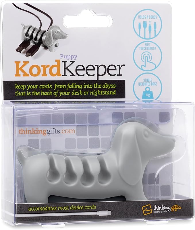 Gifts for Readers & Writers Cord Organizer, Office Desk Organizing & Cable Management Accessory, Kord Keeper Dog, Weighted Wire Holder to Organize Phone & Device Charger Cords, Light Gray