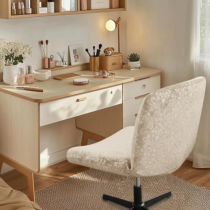 Criss Cross Chair Cover Armless Chair Slipcover Office Desk Chair Covers Velvet Embossing Mid Back Wide Seat Accent Chair Covers for Computer Chairs and Vanity Chairs(Velvet-Beige)