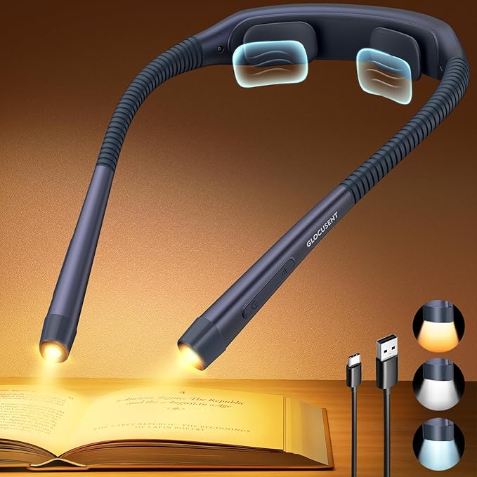 Glocusent Ergonomic Reading Lights for Books in Bed, 1600mAh Rechargeable Book Light for 100 Hrs - 3 Colors & 5 Brightness, Neck Light with Timers, Sleep Aid & Travel Lock