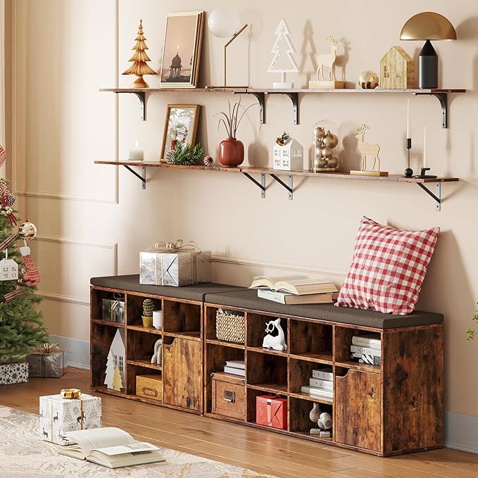 DINZI LVJ Long Wall Shelves, 47.3Inch Wall Mounted Shelves Set of 4, Extra Large Floating Storage Ledges with Sturdy Metal Brackets for Living Room, Bathroom, Bedroom, Kitchen, Rustic Brown