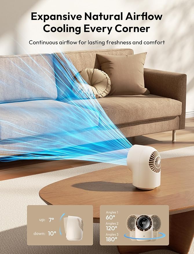 Aecooly Touch Control Desk Fan, 100 Speeds Quiet Bedroom Digital Display 8000mAh 3 Oscillation Angles Battery Powered Small Desktop Table Fan for Bedroom, Bedside, Office, Travel -Beige