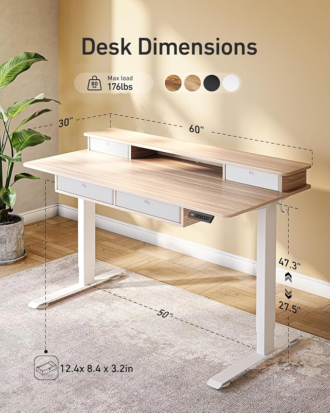CubiCubi 60" x 30" Standing Desk with Drawers, Height Adjustable Electric Workstation, Computer Sit Stand Up Table with Large Storage Shelf 4 Drawers and 2 Hooks, Light Rustic Brown