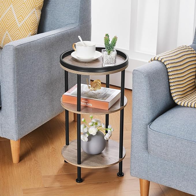 Small Round Side Table, Oak Round End Table for Living Room & Bedroom, Modern 3-Tier Nightstand with Storage Shelf, 11.8" Narrow Accent Table for Small Spaces, Nursery, Plant Stand,Natural Wood Finish