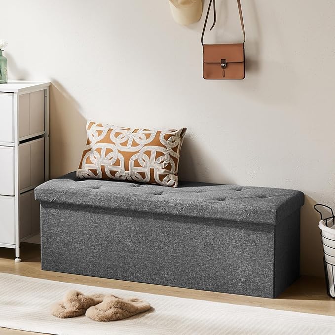 DUMOS 43 Inch Folding Storage Ottoman Bench, Large Hidden Storage Chest withThicker Foam Padded Seat, End of Bed Foot Rest Stool for Bedroom Living Room Entryway, Load 660 lbs, Grey