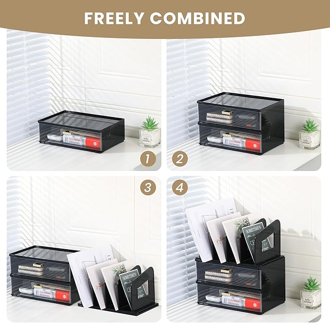 LALOBLUE Acrylic Desk Organizer with Drawer and Vertical File Holder, Desk Organizers and Accessories, Multi-Functional Office Supplies Organizer for Home or Work Desk, Black