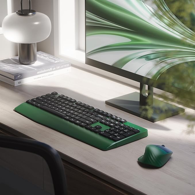 MPTOG Ergonomic Keyboard and Mouse Combo with Wrist Rest, BK Chipset, Full-Size Colorful Office Keyboard and Mouse, Power Button, USB Receiver for PC Laptop(Dark-Green Black)