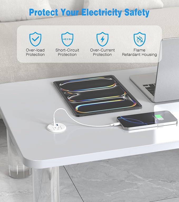 2 inch Desk Power Grommet Outlet, Recessed Power Outlet with 20W USB-C Fast Charging, for Conference Rooms, Office Tables, Furniture, 6FT Cord(ETL Listed)