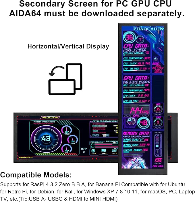 8.8 Inch FHD Computer Secondary Screen IPS 1920x480 LCD Display CPU Temperature Monitor with Casing for Computer Case Temperature Windows macOS Aida64 CPU GPU Monitor