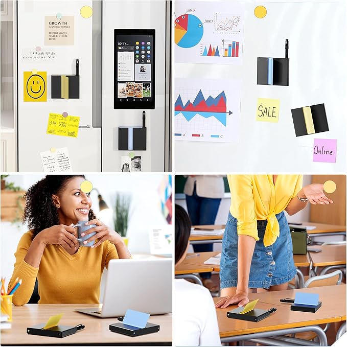 4Pcs Sticky Note Dispenser, Magnetic Sticky Note Holder for Post It Notes, 3 x 3 Inch Sticky Note Pen Organizer for Office Home Classroom, Black