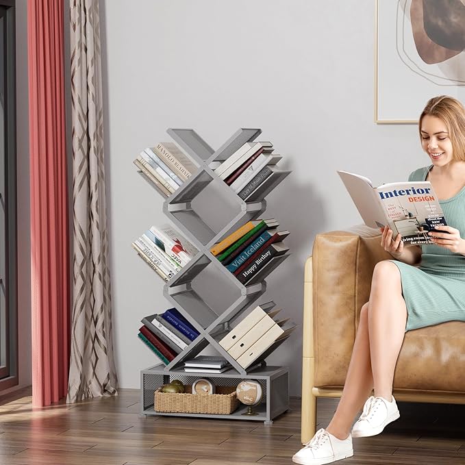 Gintan 9-Tier Modern Book Shelves with Storage, Bedroom Shelves Folding Bookshelves, No Installation Required Shelf Tree Bookcase for Living Room, Study, Home Office, Bed Room (Grey)