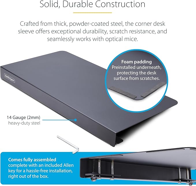StarTech.com Clamp-On Steel Desk Corner Sleeve for L-Shaped/Corner Desk, for 0.5-1.5in (12.7-38.1mm) Desks, Increase Space for Keyboard/Mouse, Desk Extender/Tray for Wooden/Steel Desks (DSKCRNRSLV)