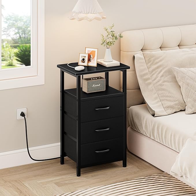 Vagusicc Nightstand with Charging Station, Bedside Table with USB Ports and Outlet, End Table Side Table with 3 Fabric Drawers and Storage Shelf, Bed Side Table Black Night Stand for Bedroom, Black