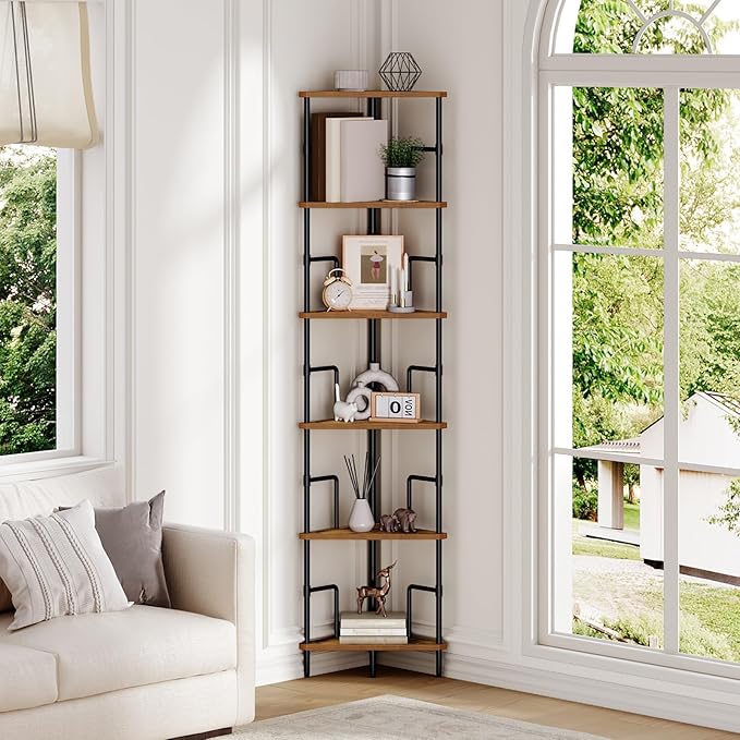 MAHANCRIS 65" Corner Shelf, 6-Tier Industrial Corner Bookshelf with Metal Frame, Small Plant Stand, Display Shelf for Living Room, Bedroom, Home Office, Small Spaces, Rustic Brown CSHR6601