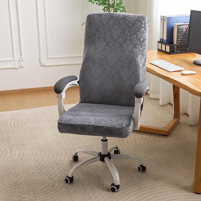 FORCHEER Large Office Chair Cover Velvet Embossing Dark Grey Stretch Slipcover for Desk Computer Chairs with Arm Removable Washable（ 1 Piece）