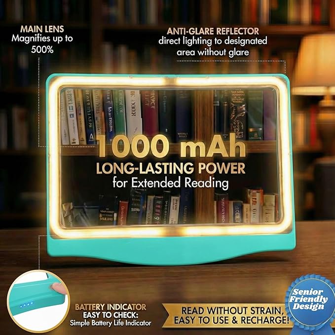 MAGNIPROS 5X Rechargeable LED Page Magnifier, Large Anti-Glare Lens, Ultra Bright 3 Color Light Modes- Reduces Eye Strain for Small Print, Low Vision & Seniors