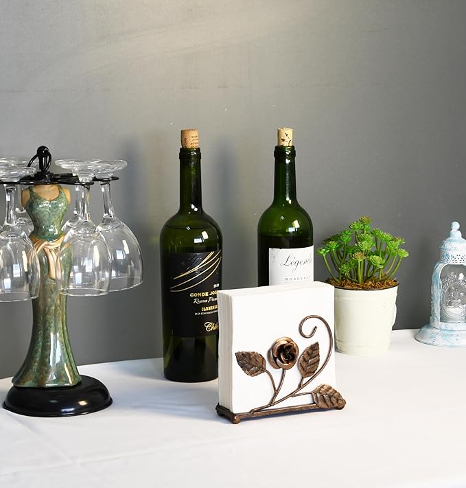 OwlGift Bronze Napkin Holder – Rose Design Metal Napkin Storage for Tables Modern Serviette Organizer – Tissue Dispenser Perfect for Outdoor Events – Decorative Clear Cocktail Napkin Kitchen Décor