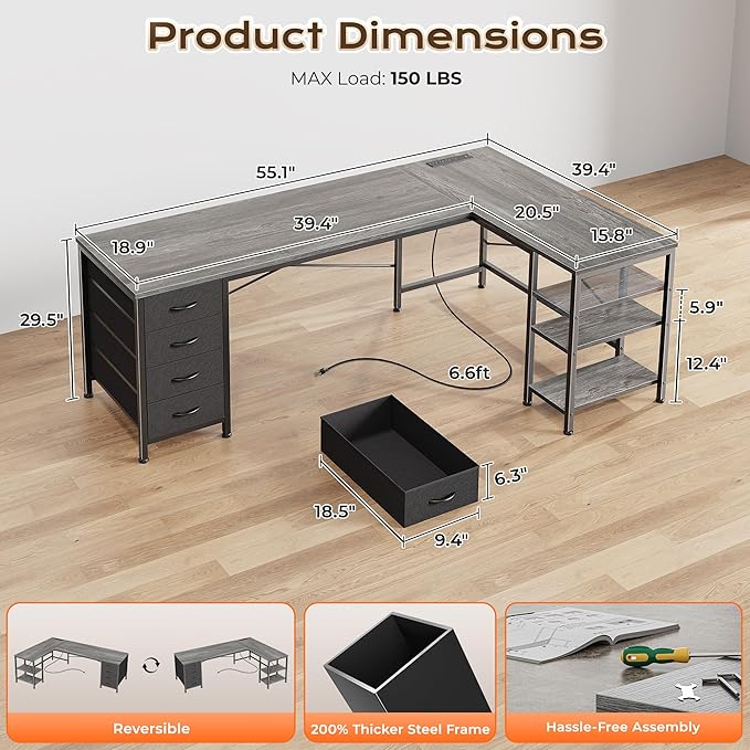 Huuger 55 Inch L Shaped Desk with Fabric Drawers, Reversible Computer Gaming Desk with Power Outlets and USB-C Port, Adjustable Side Storage Shelves, for Work Study Corner Home Office, Grey