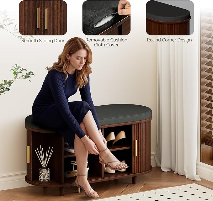 DHH 2-Tier Storage Bench,Wide Shoe Bench with Thickened Padded Seat Cushion, Mid Century Modern Fluted Sliding Door and Adjustable Shelf, for Entryway, Living Room, Bedroom (Walnut, 35.4“)