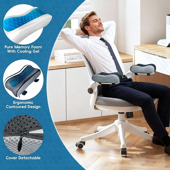 Cooling Gel Armrest Pads,Thick Memory Foam Elbow Pillow for Desk & Gaming Chairs Ergonomic Forearm Support for Pressure Relief,Universal Adjustable Cushion for Work from Home (Set of 2)