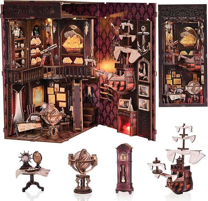 TOYQI Book Nook Kit, Book Nook Kits for Adults, DIY Miniature Dollhouse Kit 3D Wooden Puzzle Booknook Bookend with LED Light
