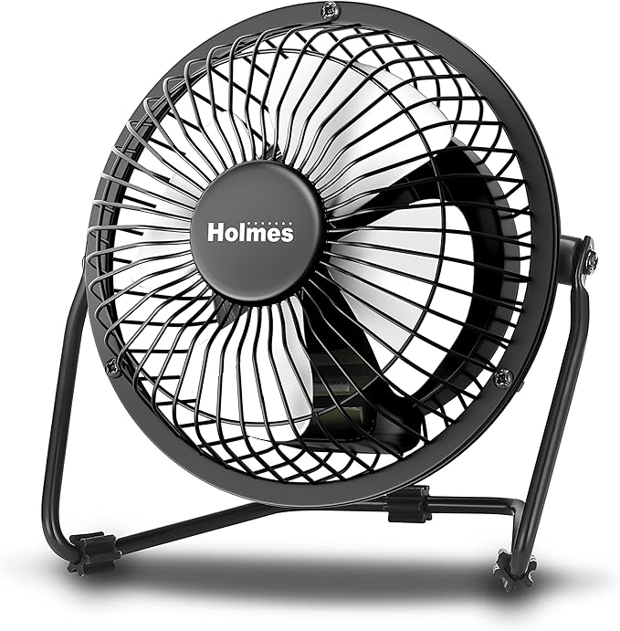 HOLMES 4" Mini High-Velocity Personal Desk Fan, 4 Blades, Adjustable 360° Head Tilt, Durable Metal Construction, Single Speed, Ideal for Home, Dorm Rooms, Bedrooms, or Offices, Black