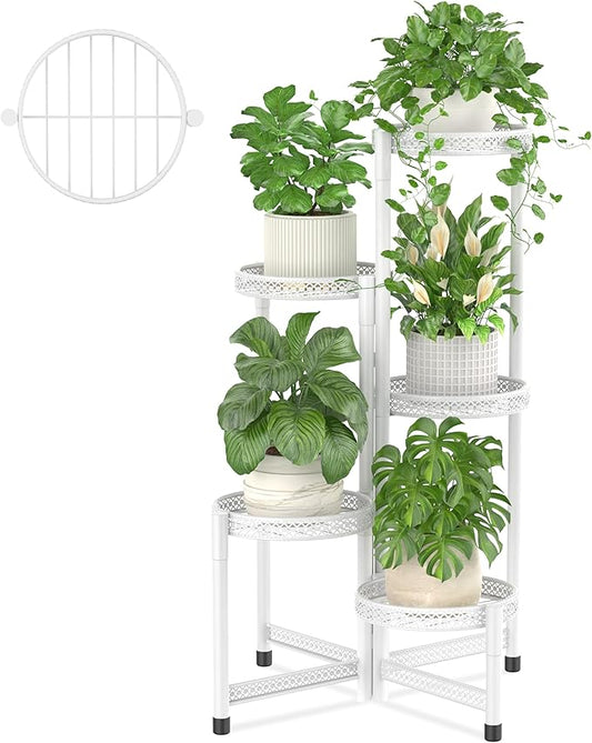 iDavosic.ly Plant Stand Indoor Outdoor, 5 Tier Corner Metal Flower Display Holder Shelf, Folding Tall Orchid Rack for Patio Balcony Porch Garden Living Room House, Wrought Iron - White