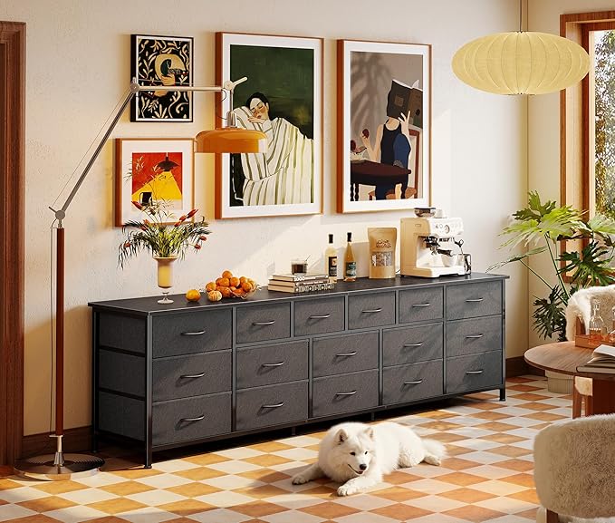 Huuger 77.6" Long Dresser for Bedroom, 16 Drawer Fabric Dresser for Closet, Wide Chest of Drawers with Storage, TV Stand for 65, 75, 85 Inch TV, 77.6" W x 12.9" D x 26.7" H, Black