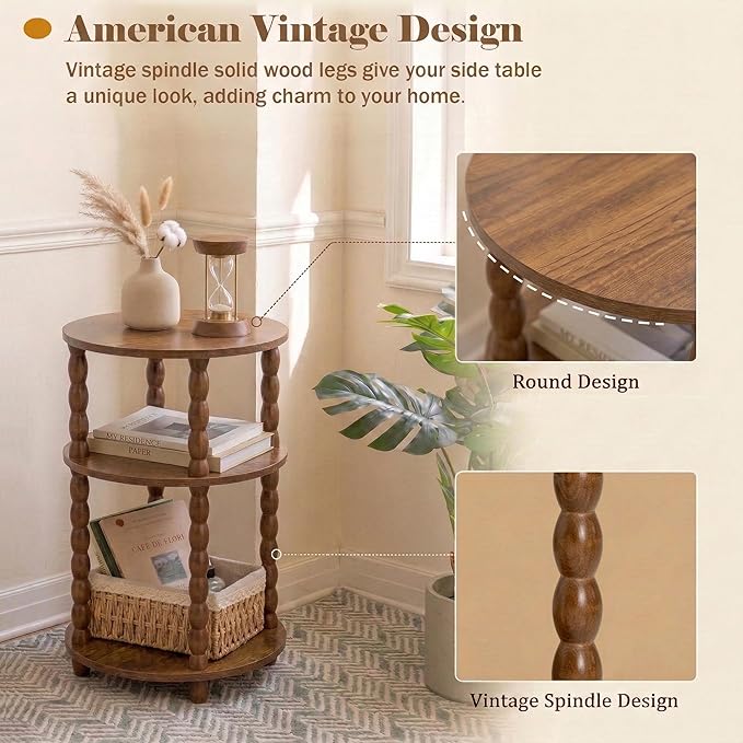 Round Side Table with 3-Tier Shelves, Small End Table with Solid Wood Legs for Living Room Bedroom, Modern Circular Coffee Table Nightstand for Small Spaces, Easy No-Tool Assembly