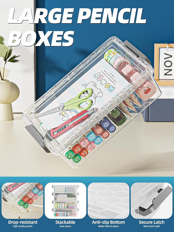 BiuLeon 4 Pack Extra Large Pencil Box, Plastic Pencil Case Organizer, Clear Crayon Box Marker Organizer, Stackable Craft Organizers and Storage for Pen, Craft, Art Supply(Black)
