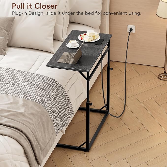 Vagusicc C Shaped End Table with Charging Station, Large C-Table End Table Adjustable Height Side Table for Couch, Sofa Table Slide Under Couch Table TV Tray Table for Living Room, Bedroom,Gray Walnut