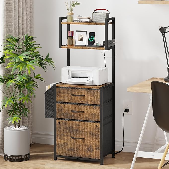 HIGDBFE 3 Drawer File Cabinet with Charging Station, 45''H, 3-Tier Filing Cabinet for Home Office, 11''*16'' for Small Printer, Fabric Drawer Fits Letter/A4, Tall Printer Stand, Rustic Brown