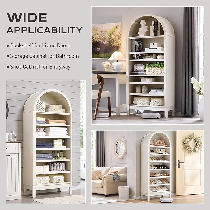 IFGET 71" Tall Arched Bookshelf, 7 Tiers Arch Bookcase with Storage, Modern Farmhouse Book Shelf with Adjustable Shelves, Wood Bookshelf w/Open Display Shelves for Living Room, Office (Antique White)