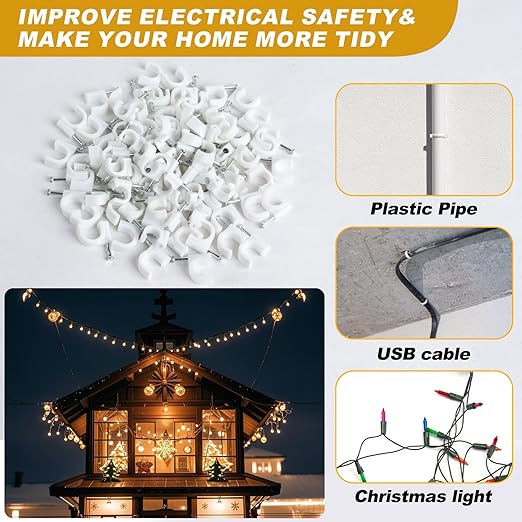 Cable Wire Clips - 100 Pcs White Cable Clips 8mm 10mm Wire Staples Wall Cables Management with Steel Nails Cord Holder for Wires, Ethernet, Cord Organization