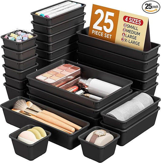 KEMETHY 25 PCS Plastic Drawer Organizers Set, 4 Sizes Vanity Organizer, Makeup and Desk Drawer Organizer Trays, Organization and Storage for Makeup, Bathroom, Kitchen Utensils and Office (Black)