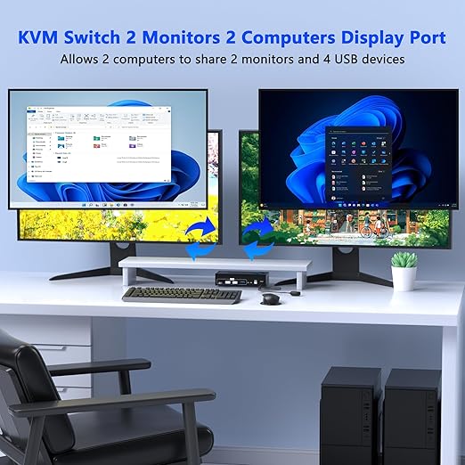 DisplayPort KVM Switch 2 Monitors 2 Computers, 4K@60Hz KVM Switches Dual Monitor with 4 USB3.0 Port Sharing Keyboard Mouse Printer, Computer Switch Monitor Switch for 2 Computers, DisplayPort Switch