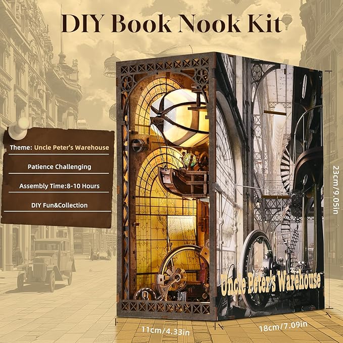 TOYQI Book Nook Kit, Book Nook Kits for Adults, DIY Miniature Dollhouse Kit 3D Wooden Puzzle Booknook Bookend with LED Light